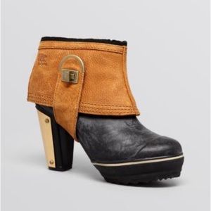 Sorel Medina Black and Brown Heeled Booties